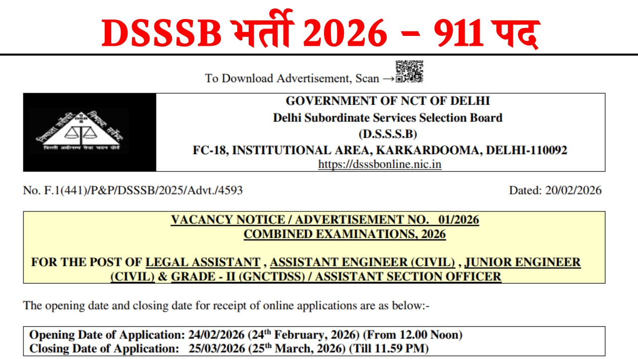 DSSSB Recruitment Advt 01/2026: डीएसएसएसबी भर्ती 2026 का 911 पदों पर भर्ती का नोटिफिकेशन जारी, आवेदन शुरू