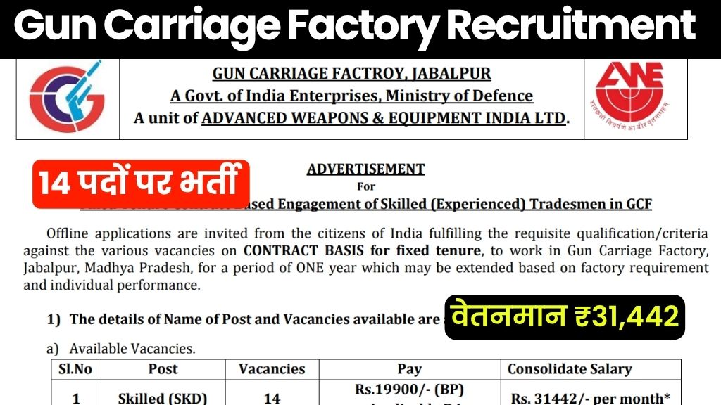 Gun Carriage Factory Jabalpur Recruitment 2026