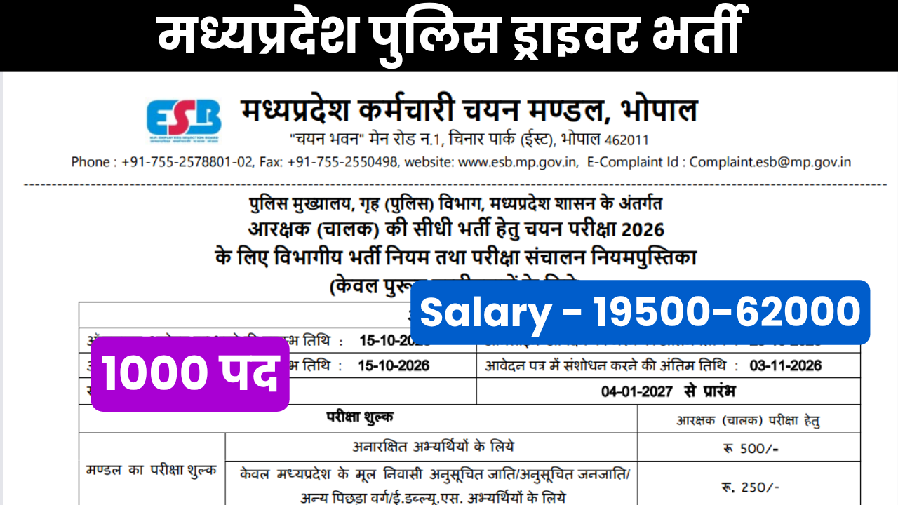MP Police Driver Bharti 2026: मध्यप्रदेश पुलिस ड्राइवर भर्ती 1000 पदों के लिए नोटिफिकेशन जारी