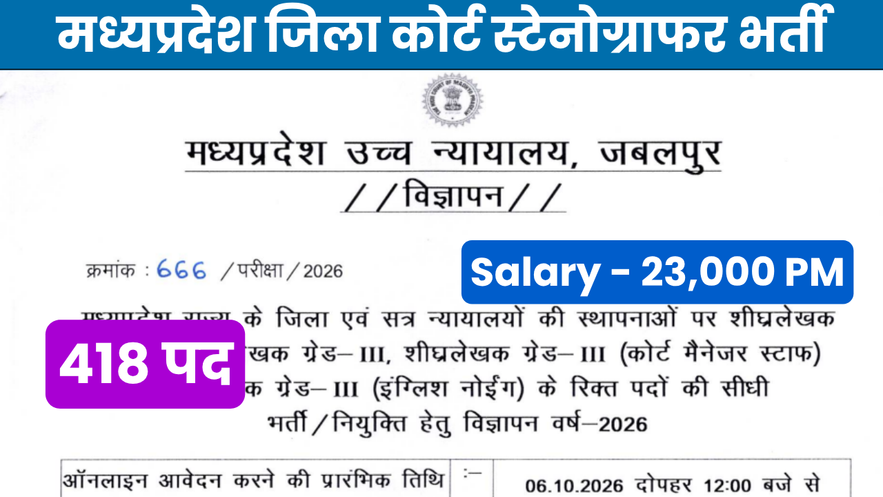 MP District Court Stenographer Vacancy 2026 | मध्यप्रदेश जिला कोर्ट स्टेनोग्राफर भर्ती