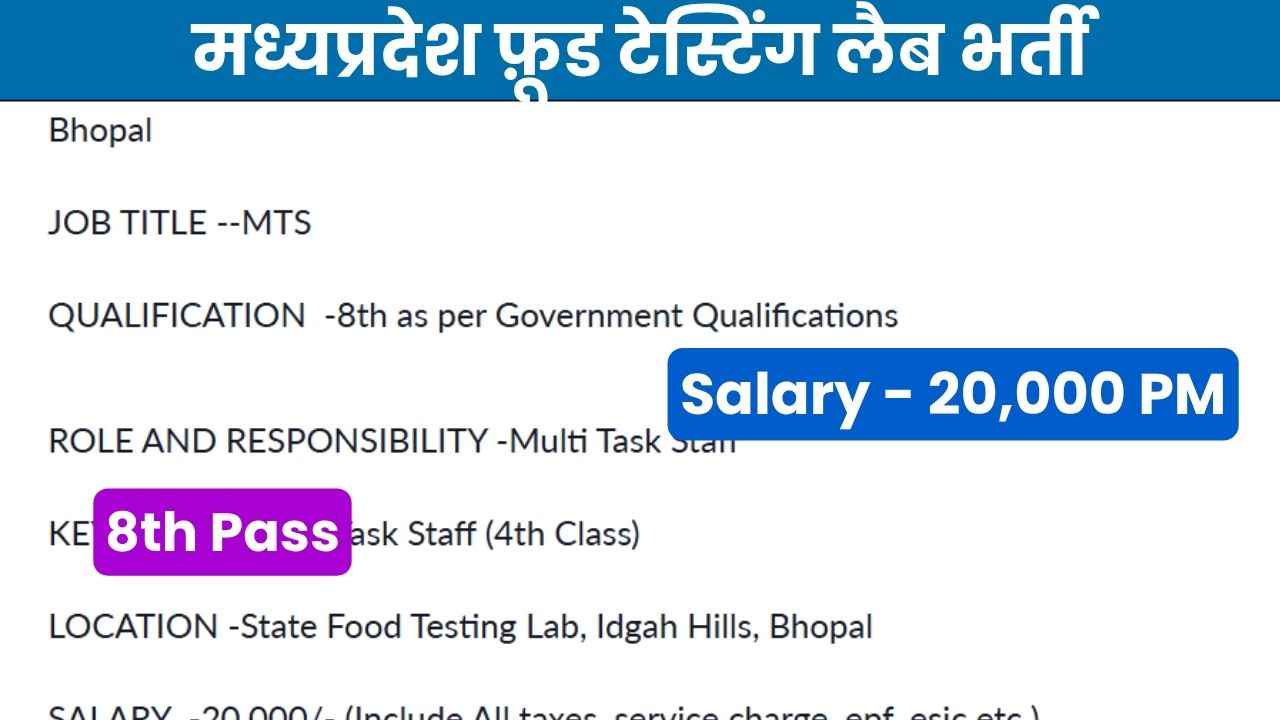 MP State Food Testing Lab Vacancy 2026 – मध्यप्रदेश फ़ूड टेस्टिंग लैब भर्ती